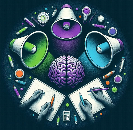 Três megafones de cores diferentes (roxo, verde e azul) estão apontados para um cérebro no centro, destacando a importância de ouvir diferentes perspectivas em um brainstorm. No fundo, uma equipe está engajada em planejamento e colaboração. O texto na imagem diz: 'Ouça antes de criar: as 3 vozes que guiam projetos de sucesso'