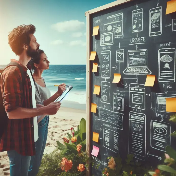 homem e mulher trabalhando em um quadro na parede de costa com post-its, fluxo de site mapa e imagens de wireframes