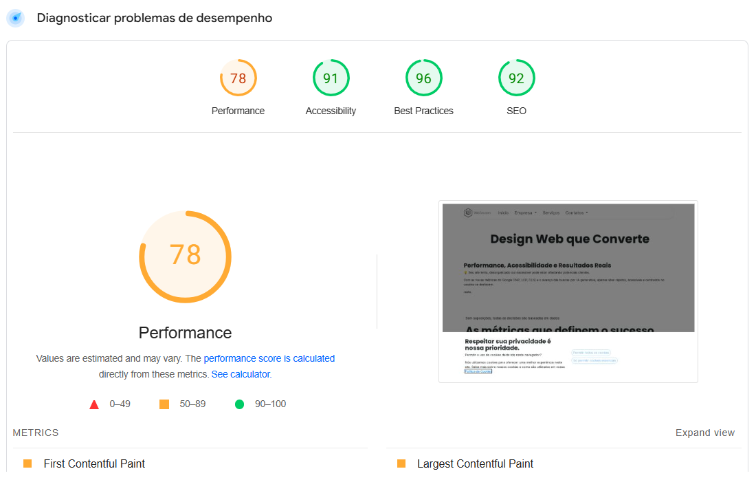 Diagnóstico de problemas de desempenho de um site, mostrando uma pontuação de desempenho de 78, acessibilidade de 91, melhores práticas de 96 e SEO de 92. A imagem inclui uma captura de tela do site avaliado e métricas como First Contentful Paint e Largest Contentful Paint.