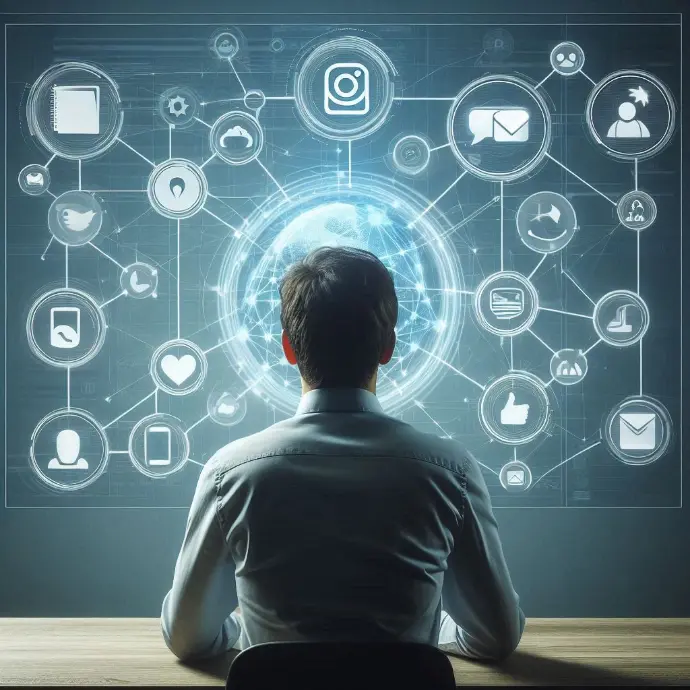 Pessoa vista de costas sentada diante de uma tela de criação de diagrama com ícones inter-ligados representando canais de atendimento como WhatsApp, Instagram, Chat, E-mail. O fluxo de mensagens aparece como linhas conectando as opções, com expressão de concentração e profissionalismo no ambiente. Estilo realista, iluminação suave, cores em tons de azul e cinza